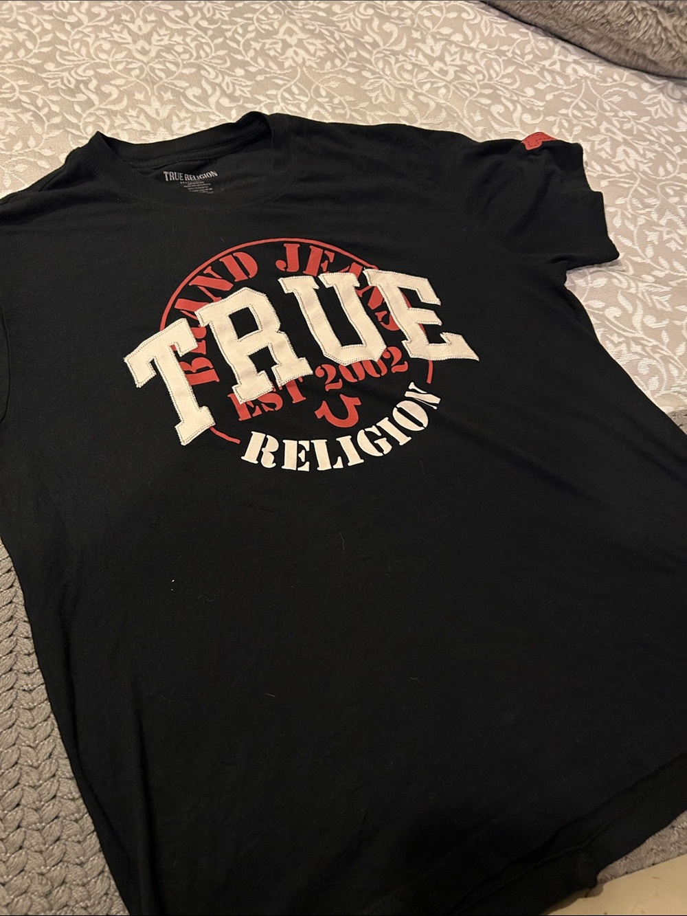 True Religion Black Tee with White and Red Graphic Logo